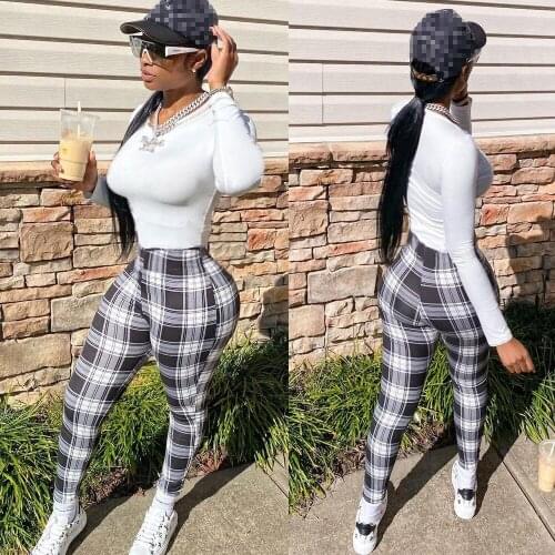 Gniherii Women Sexy Skinny Trousers Fashion Black White Plaid Casual Long Pants High Waisted Elastic Pencil Pants