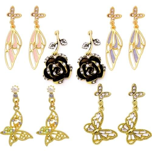 New Fashion Butterfly wings Rose Colorful Drop Earrings for Women Butterfly Pearl Zircon Bohemia Ear Earring Summer Jewelry