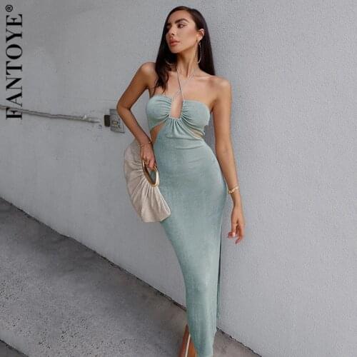 Fantoye Sexy Backless High Split Halter Women Dress Sleeveless Hollow Out Bodycon Dress Ladies Autumn Skinny Fashion Streetwear