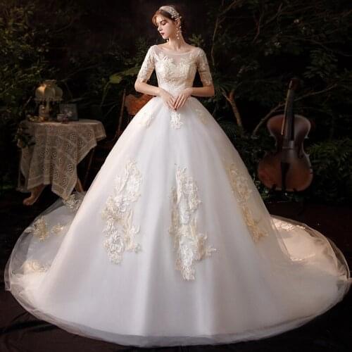 2021 Half Sleeve Wedding Dress With Train Champagne Lace Bridal Ball Gown Princess Vintage Robe De Mariee Vestido De Noiva