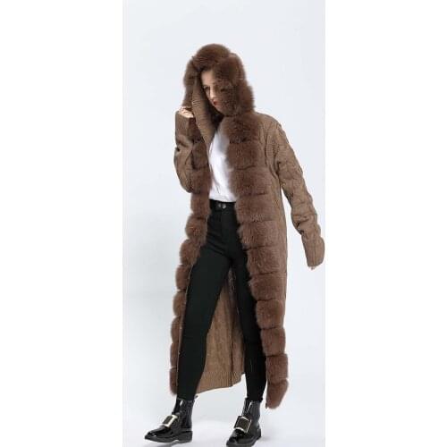 2021 Winter Wool Knitting Long Fox Fur Coat Women Warm Cardigan Sweater Natural Fashion Knitted Coat
