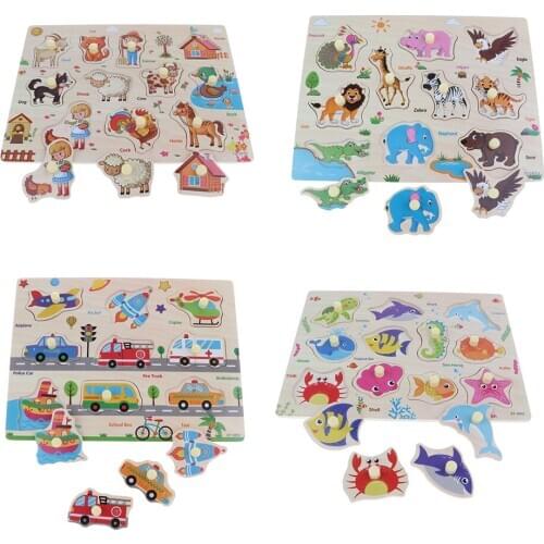 4 Sets Wooden Peg Puzzle Jigsaw Educational Toys for 1-4 Year Olds Baby Toddler - Traffic & 3 Themed Animals