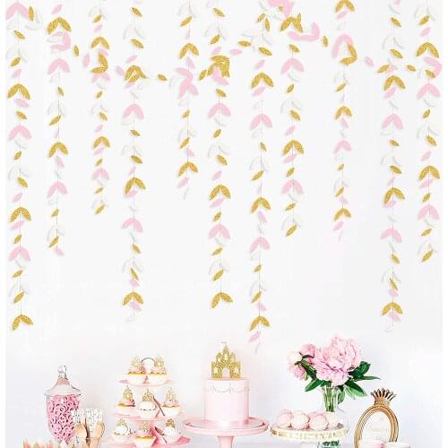 4M Pink Gold White Party Paper Leaf Garlands Hanging Leaves Streamers Banner Decorations for Birthday Wedding Bridal Baby Shower