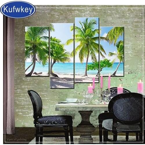 Full Square/Round Diamond Painting"The sea coconut trees"Diamond Embroidery Mosaic Landscape Picture Diy Handicraft Art,4 PCS