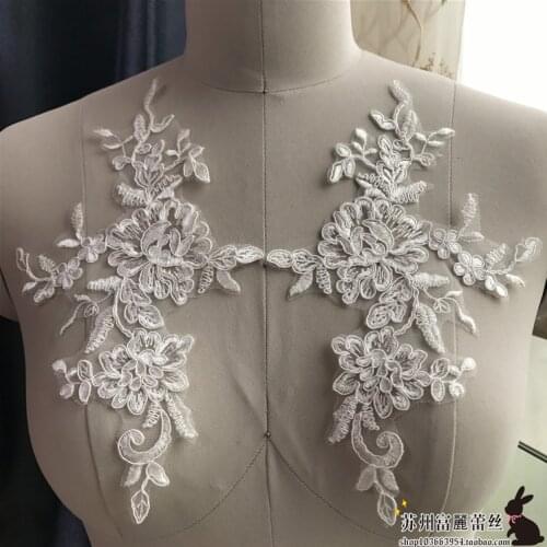 4 Pieces/2 Pairs Ivory Embroidery Wedding Dress Collar Venise Lace Flowers Applique Trim Lace Fabric DIY Sewing Supplies