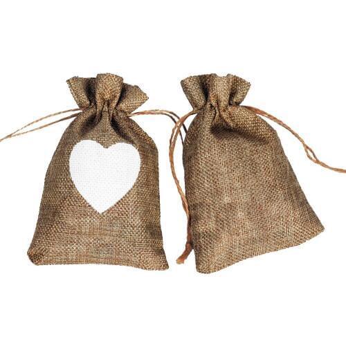 50 pcs Heart Sewing Burlap Jute Drawstring Wedding Favors Bag Vintage Rustic Party Favor Candy Gift Hessian Pouch Drop Shipping