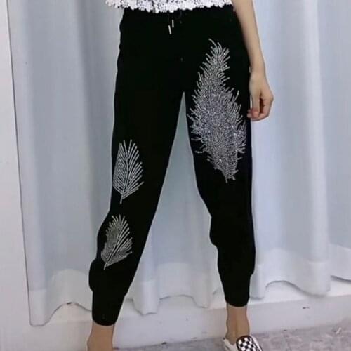 Sweatpants Womens Joggers Rhinestone Fashion Feather Pants Hot Drill Loose Casual Pants Spring Summer Knitted Harlem Harem Pants