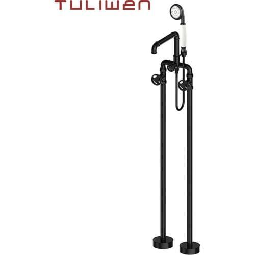 Black Bathroom Floor Stand Bathtub Faucet Tap With 360 Rotate Hand Shower Single Handle Bathtub Shower Faucet Set