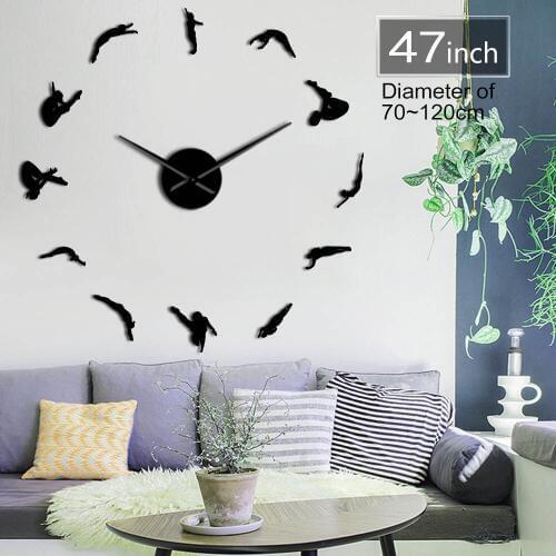 Diving Sports Divers Perfect Action Mirror Effect Clock DIY Big Size Frameless Wall Clock Divers Gift