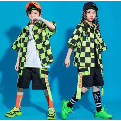 Kid Summer Hip Hop Clothing Oversized Checkered T Shirt Top Streetwear Cargo Shorts for Girl Boy Jazz Dance Costume Set Clothes