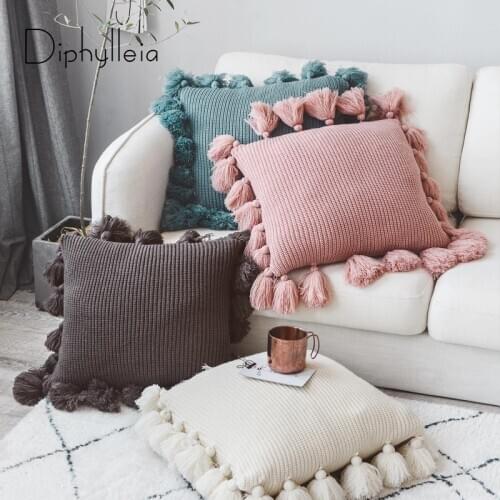Diphylleia Knitted Cushion Cover Solid Pink Yellow Beige Nordic Style Pillow Case With Tassle For Sofa Bed Room Home Decor 45x45