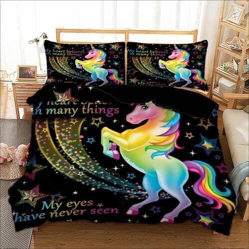 Cartoon Black Unicorn Bedding set girls Duvet Quilt Cover Twin queen king size big eyes unicorn Bedclothes Bed room 3pcs