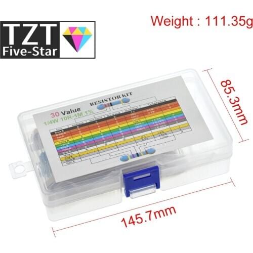 600PCS/LOT 1/4W Metal Film Resistor Kit 1% Resistor Assorted Kit Set 10 -1M Ohm hm Resistance Pack 30 Values each 20 pcs