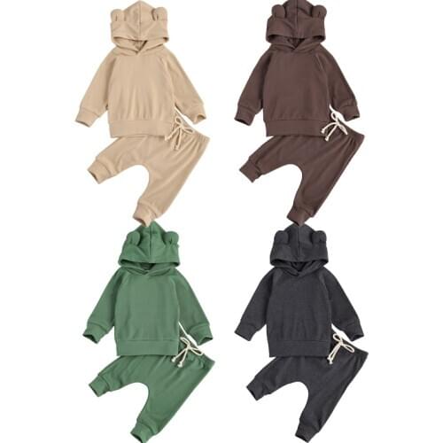 0-24M Newborn Baby Girls Boys Clothes Sets 3D Ear Hooded Pullover Long Sleeve Solid Tops Pants Clothing Set