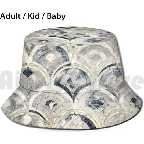 Monochrome Art Deco Marble Tiles Sun Hat Foldable UV Protection Marble Mono Black And White Monochrome Light Dark