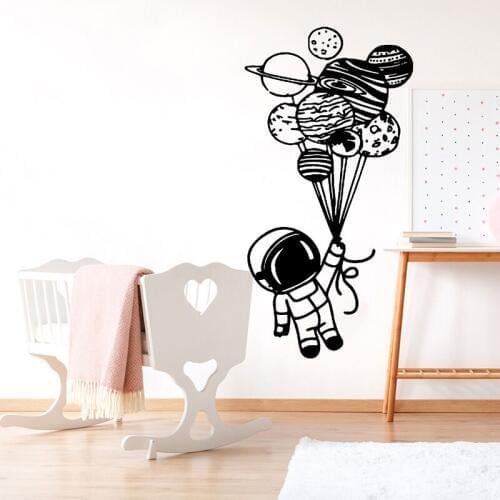 Cartoon Astronaut Holding Balloons Space Wall Sticker Baby Nursery Kids Room Astronaut Space Wall Decal Vinyl Decor