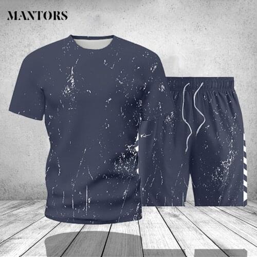 2021 Mens Sets T Shirts+Shorts Two Pieces Set Casual Tracksuit Men Sweat Suit Striped Tops+SweatPants Gyms Fitness Shorts Male