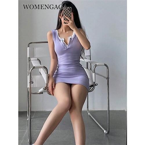 WOMENGAGA 2021 New Sexy Slim Fake 2-piece Skinny Buttock Vest Tank Mini Dress Hot Sexy Korean Women Dresses Tops CX07