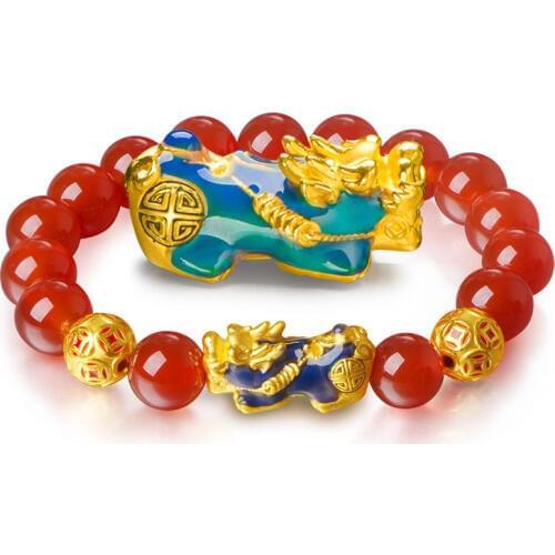 New Arrival Pure 24K Yellow Gold Pixiu Bracelet Red Jadeite 8mm Ball Elastic Line Bracelet