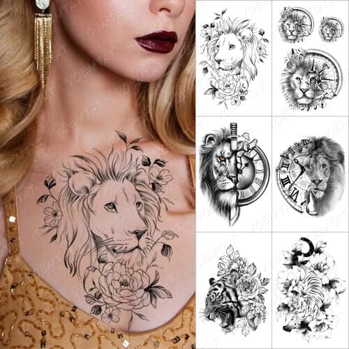 Watertransfer Temporary Tattoo Line Peony Lion Tatto Sticker Wolf Fox Decal Fake Henna Tiger Animal Body Art Tatoo For Men