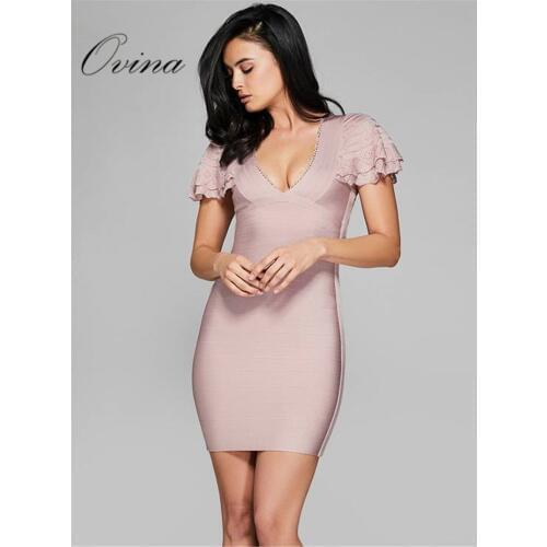 Pink Women Dresses Butterfly Sleeve V Neck Mini Rayon Bodycon Bandage Dress
