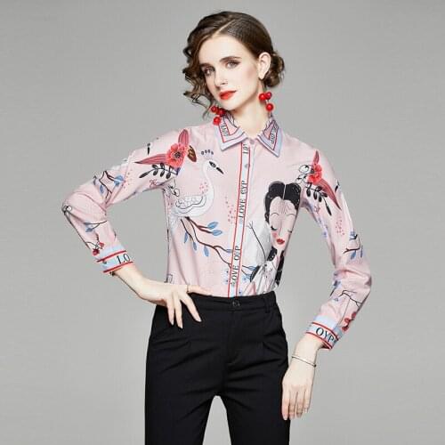 Spring Autumn Elegant Women Blouse Vintage Cartoon Print Long Sleeve Shirts Female Streetwear Runway Designer Tops