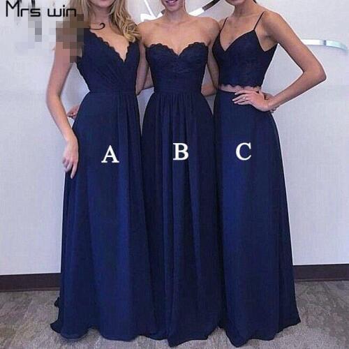 Mrs win Bridesmaid Dress For Girls Chiffon V-neck Wedding Party Dress Navy Blue Plus Size Sleeveless Long Vestido Madrinha HR111