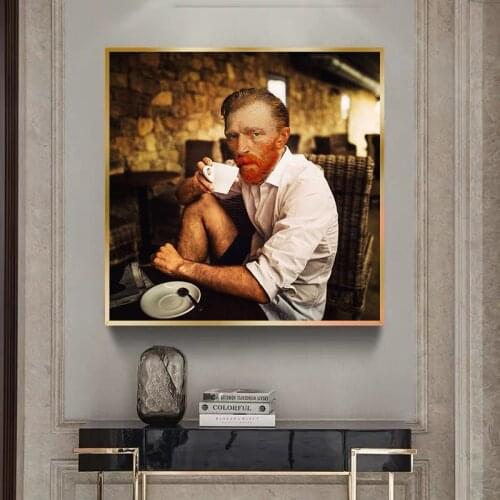 Funny Portrait Art Van Gogh Drinking Coffee Posters and Prints Canvas Paintings Wall Art Pictures for Living Room Decor No Frame
