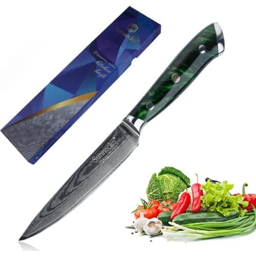 Sunnecko 5'' Utility Knife Damascus Japanese VG10 Steel Blade Kitchen Knives Green Resin Handle Sharp Fruit Cutter Chef knives