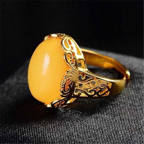 Vintage Mellow Big Oval Yellow Opal Opening Adjustable Rings For Women Gold Color Ring Wedding Engagement Jewelry Accessories