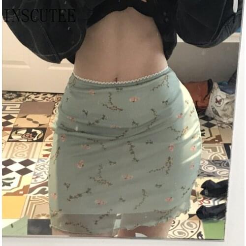 Inscutee Cottagecore Y2k Vintage Skirt Women Fairycore Floral Mesh Patchwork High Waist Skirt Asethetic Sexy Green Skirt Femme