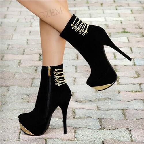 BERZIMER Women Ankle Boots Round Toe Stiletto High Heels Side Zip Booties Faux Suede Shoes Woman Botas Mujer Big Size 41 43 52