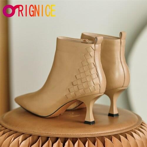 Orignice New Brand Fashion Women Genuine Leather Ankle Boots Zip Pointed Toe Thin High Heels Party Dress Shoes Big Size 34-43