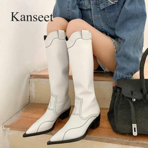 Kanseet Western Boots 2021 Autumn Winter Women Knee-High Boots Sexy Pointed Toe Black Women Long Boots Slim 6cm High Heel Shoes