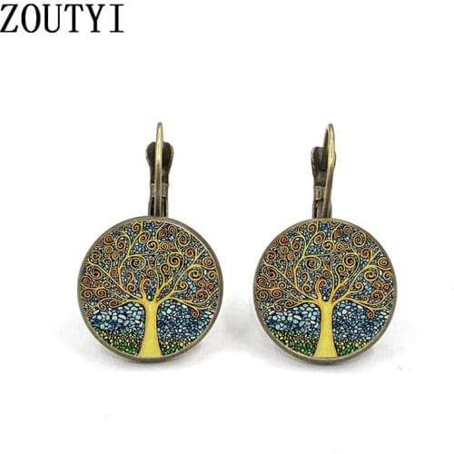 New/glamour retro fashion tree of life pattern bronze earrings, convex and concave glass ladies earrings