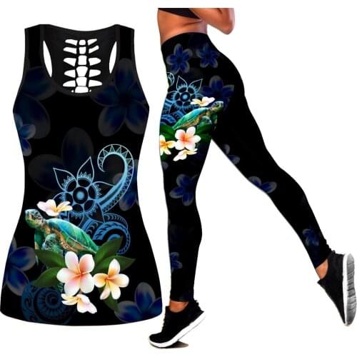 Yoga For Women Polynesian Turtle With Plumeria Flowers 3D Printed Hollow Tank top Sexy Retro Suit Fitness Soft Legging