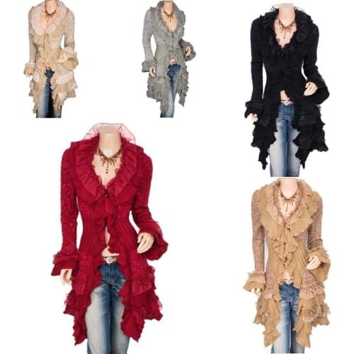 2019 Vintage Renaissance Coat Women Lace Jacket Victorian Steampunk Stand Collar Medieval Lace Up Dress Suit Countess Cardigan