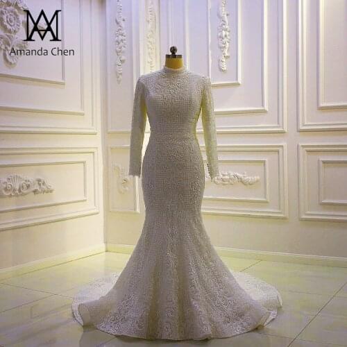 Robe mariage femme Long Sleeve High Neck Muslim Mermaid Wedding Dress