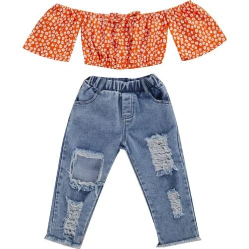 2020 New 0-5Years 2Pcs Toddler Kids Baby Girl Summer Fashion Clothes Set Off Shoulder Floral Printed Top Hole Demin Long Pants