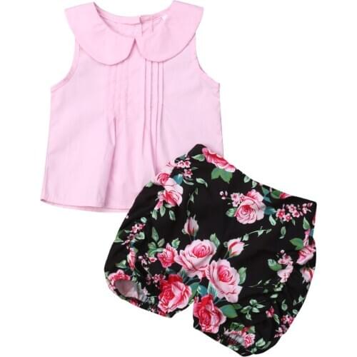 2021 Toddler Kids Baby Girl tank Fold Solid top match Floral shorts Summer Sleeveless 2PCS infant girl Clothes 0-24M