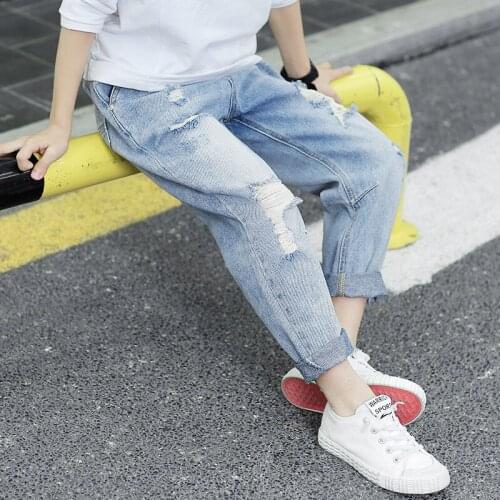 Kids Jeans Teenage Boys 2021 Spring Casual Long Pants Fashion Hole Denim Trousers Child Casual Jeans for Boys Clothing 8 12 Year