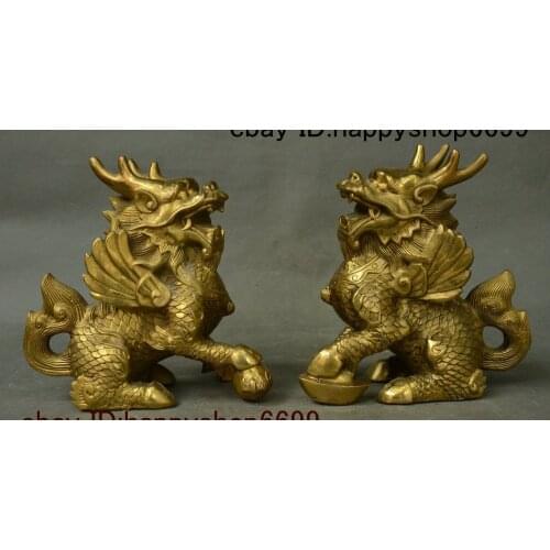China Feng shui Brass Kylin Chi-lin Qilin Beast Ball Yuan Bao Statue Pair 8 inch