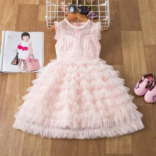 Lace Wedding dress for Girls Pink Princess Party Prom Gown With Pearl Buttons Summer Girls Clothes Long dress Casual Clothing