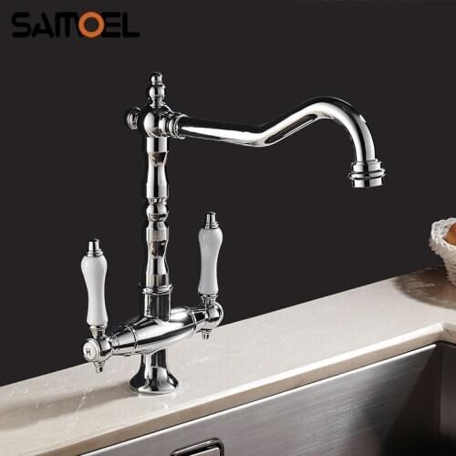 Brass Chrome Dual Ceramic Holder Kitchen Sink Faucet Mixer 360 Rotating Swivel Hot Cold Water Tap torneira cozinha 1235C