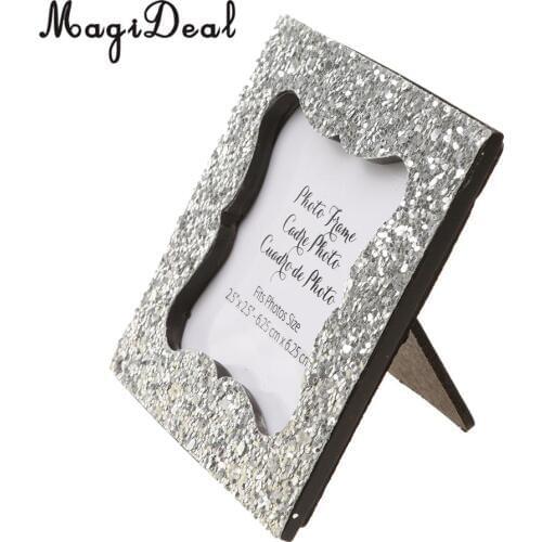MagiDeal Shiny Sequin Small Photo Frame with Back Stand Wedding Party Favor Silver Table Decoration