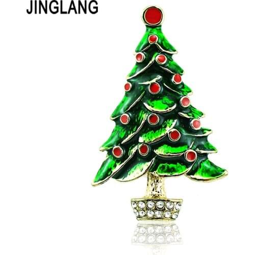 JIANGLANG Gold Color Brooches Pins Green Enamel Rhinestone Christmas Tree Brooches For Men Christmas Jewelry Free Shipping