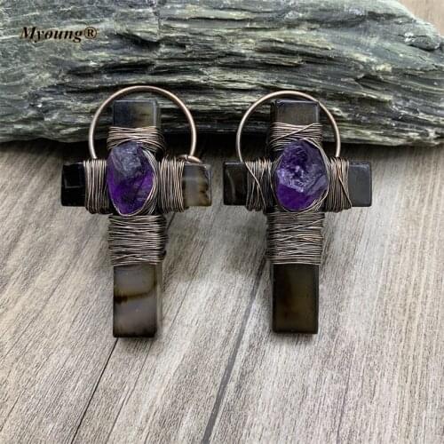 Wholesale BOHO Amethysts Bead Paved Bronze Wiring Agates Black Cross Necklace Pendant For DIY Jewelry Making MY210804