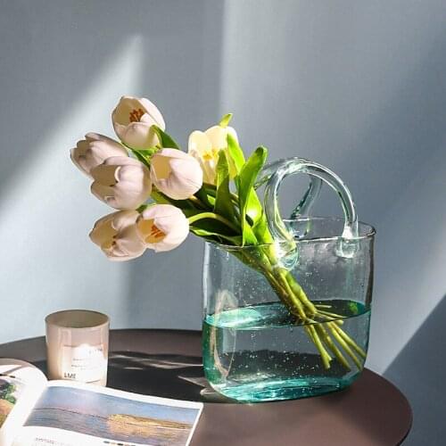 Glass Flower Vase Bag Container Basket Storage Eco- Friendly Green Glass Home Decoration Plants Holder Arrangement Furniture