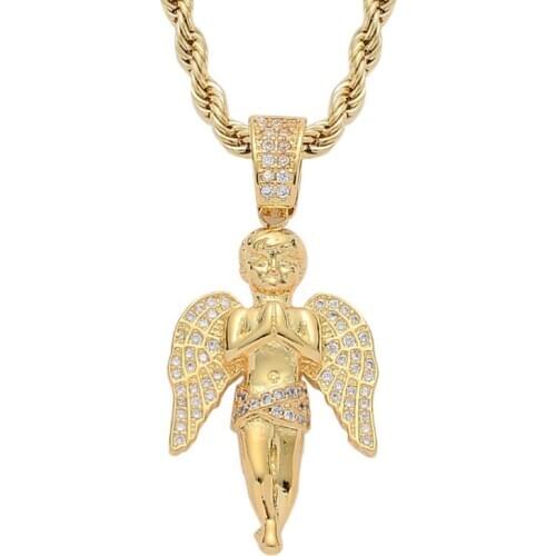 Rhinestone Men Necklace Ice Out Cubic Zircon Hip Hop Pray Angel Pendant Gold Color Charm Chain Jewelry
