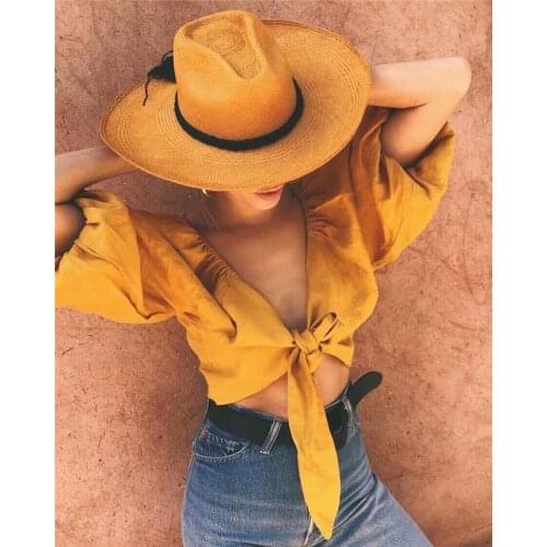 TEELYNN Yellow Sexy Deep V Neck Bow Crop Tops Vintage Lantern Sleeve Summer Women Blouse Shirts Boho Beach Wear Holiday Blusas